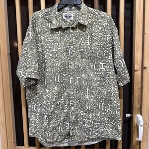 Vintage Dockers Shirt Men Size L Green Abstract Button Up Short Sleeve 90s FLAW
